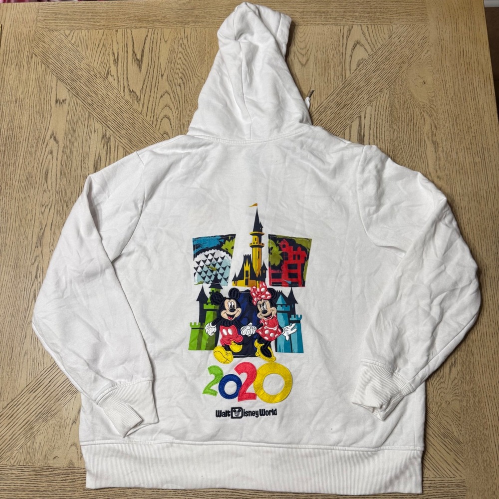 Disney 1X White Disney World 2020 Full Zip Hoodie Sweatshirt Mickey & Friends